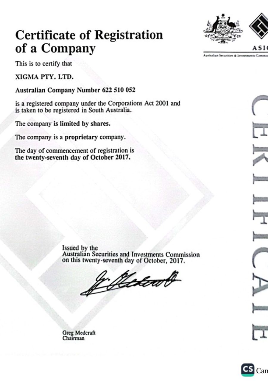 XIGMA COMPANY CERTIFICATE-ASIC